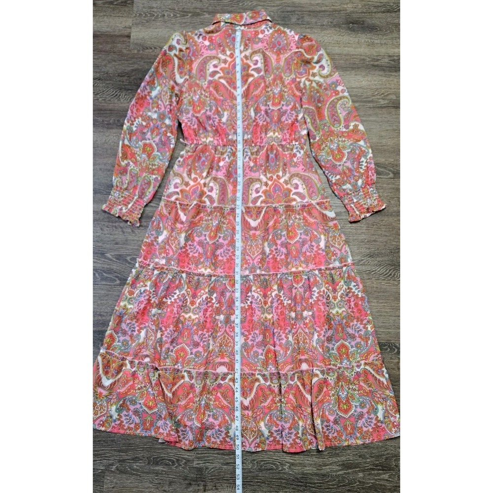 Harlow & Rose Pink Paisley Print Long-sleeve Midi Dress Size Medium Missing Belt - Picture 12 of 16